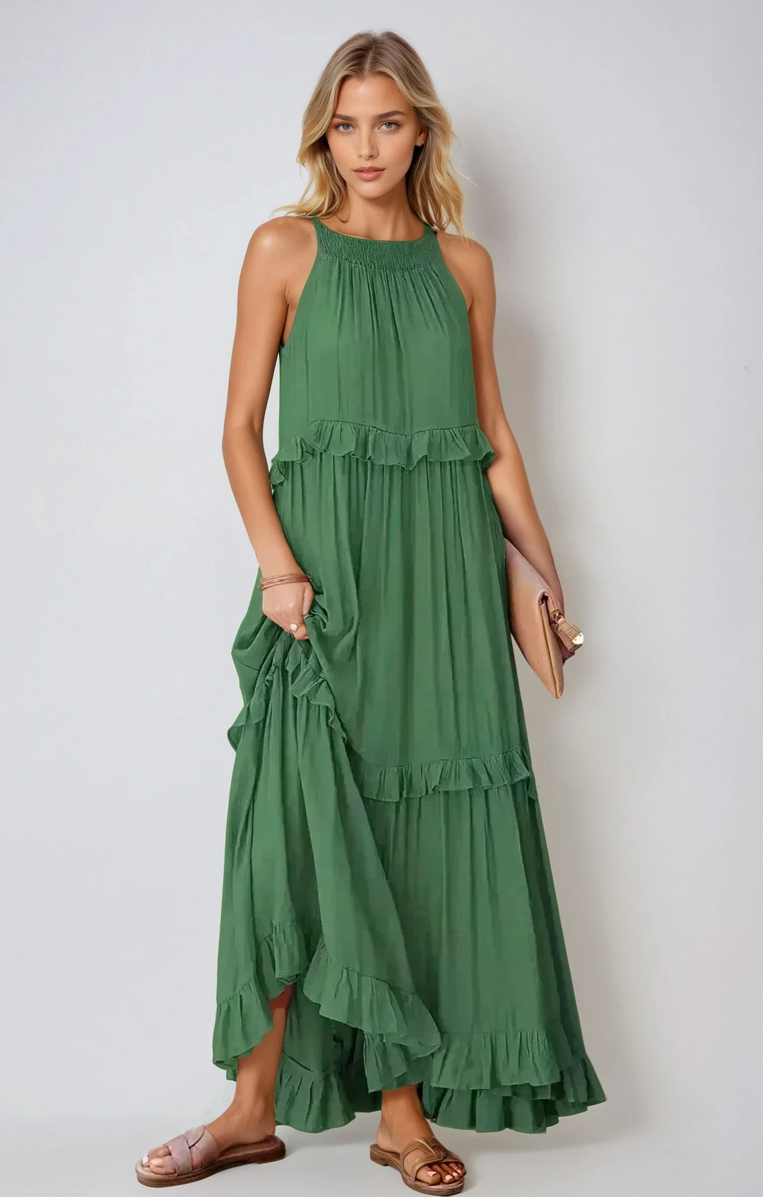 Boho maxi jurk dames | Luchtige lange zomerjurk met ruches | Casual strandjurk