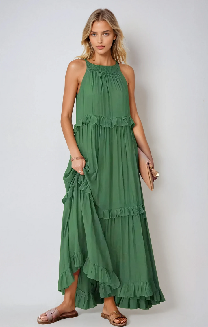 Boho maxi jurk dames | Luchtige lange zomerjurk met ruches | Casual strandjurk