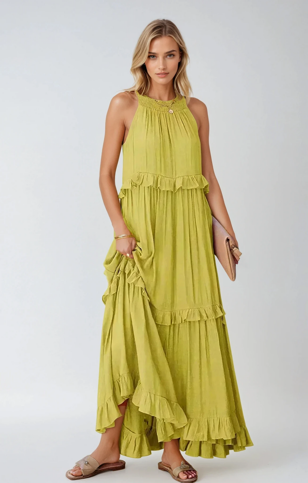 Boho maxi jurk dames | Luchtige lange zomerjurk met ruches | Casual strandjurk