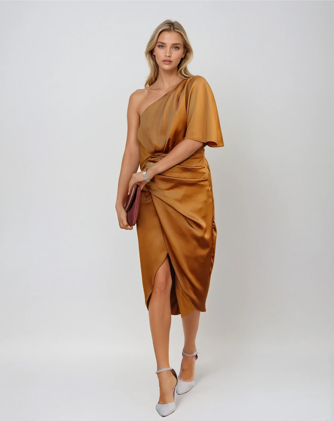 One-shoulder midi jurk dames | Elegante avondjurk met split | Chique feestjurk