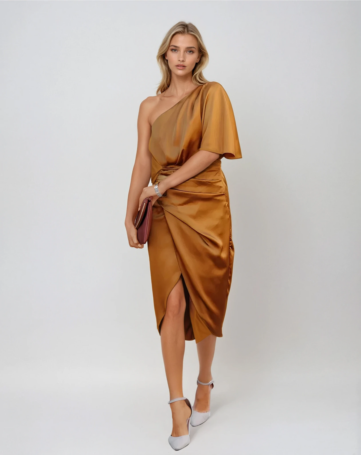 One-shoulder midi jurk dames | Elegante avondjurk met split | Chique feestjurk
