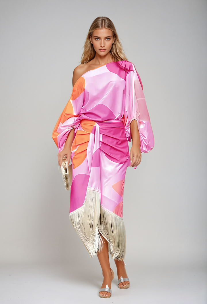 One-shoulder jurk dames | Elegante maxi jurk met franjes | Boho chic avondjurk