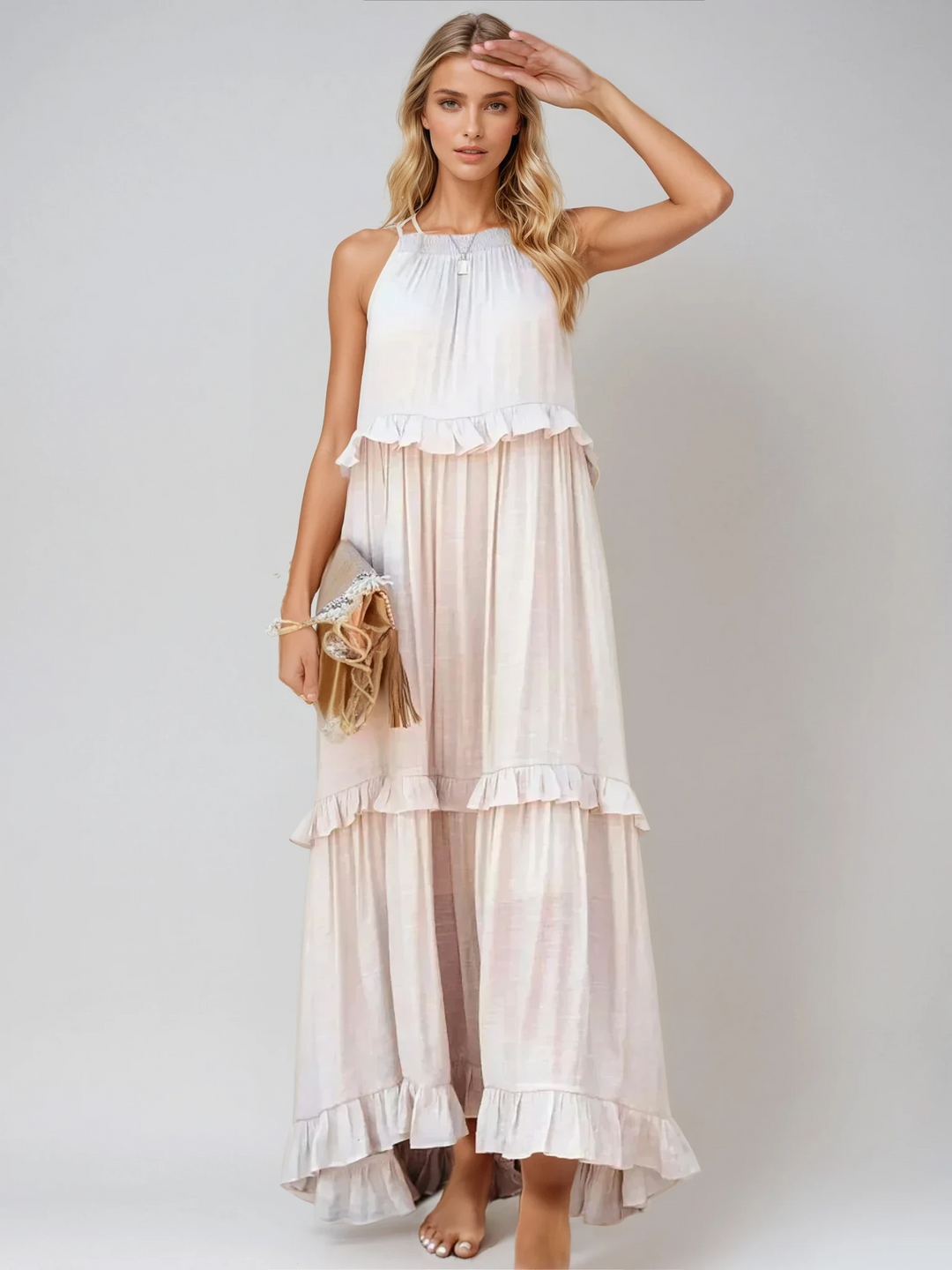 Boho maxi jurk dames | Luchtige lange zomerjurk met ruches | Casual strandjurk