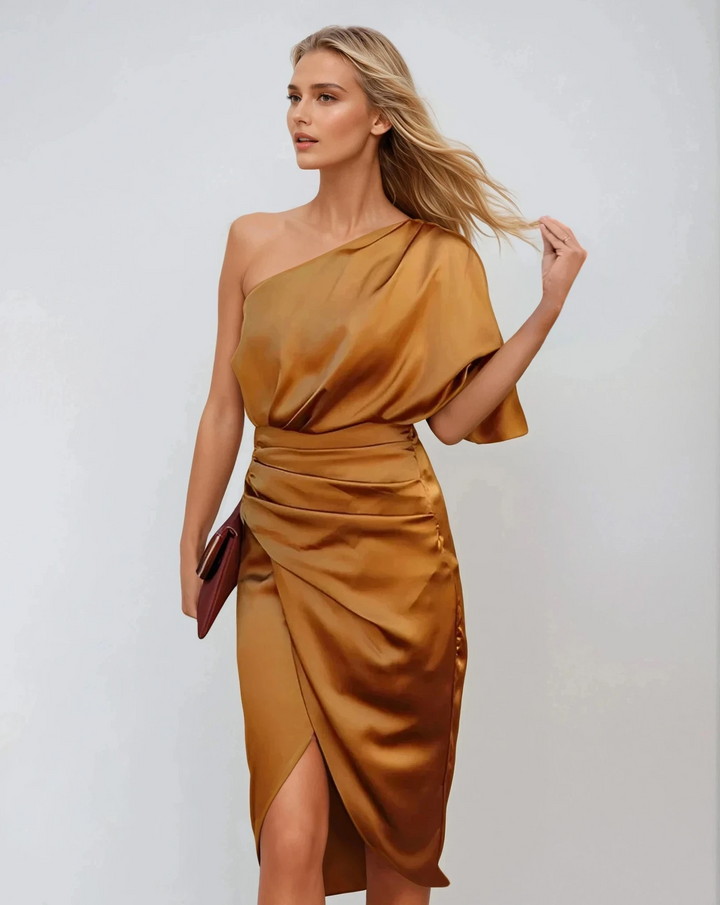 One-shoulder midi jurk dames | Elegante avondjurk met split | Chique feestjurk