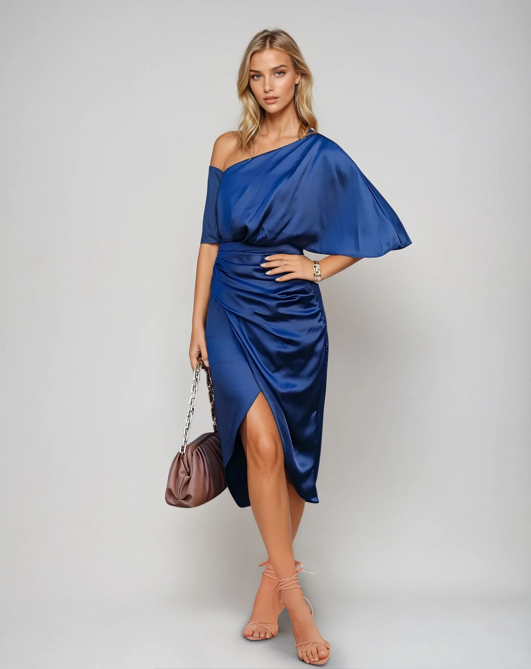 One-shoulder midi jurk dames | Elegante avondjurk met split | Chique feestjurk