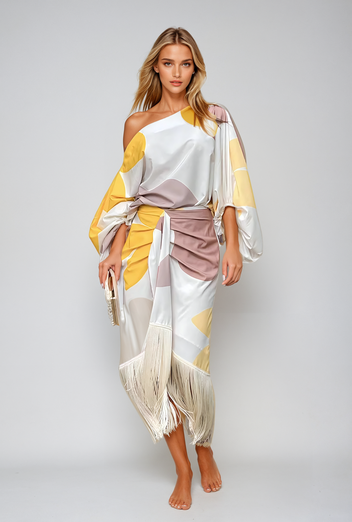 One-shoulder jurk dames | Elegante maxi jurk met franjes | Boho chic avondjurk